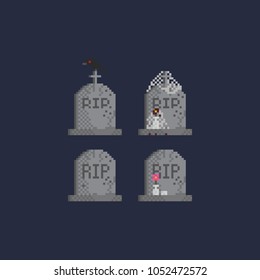 Set of pixel gravestone with rest in peace text.8bit.pixel art vector illustration.