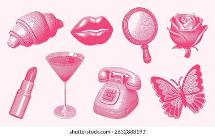 Set of pixel halftone pinkcore elements: croissant, rose, mirror, lips, lipstick, martini, phone, butterfly. Perfect for Y2K collages, girly designs, prints, and trendy pop visuals.