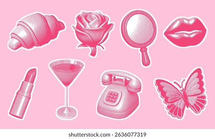 Set of pixel halftone pinkcore stickers: croissant, rose, mirror, lips, lipstick, martini, phone, butterfly. Perfect for Y2K collages, girly designs, prints, and trendy pop visuals.
