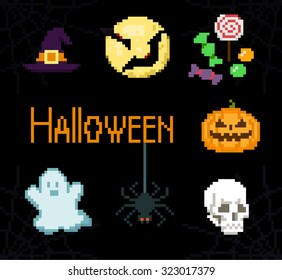 Set of pixel Halloween icons