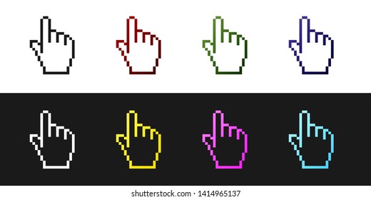 Set Pixel hand cursor icon isolated on black and white background. Pointer hand cursor.  Vector Illustration