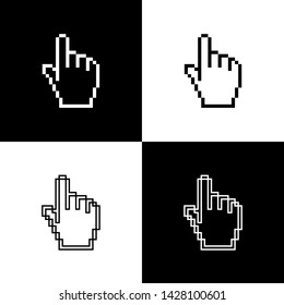 Set Pixel hand cursor icon isolated on black and white background. Pointer hand cursor.  Vector Illustration