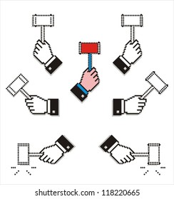 Set of pixel hands with auction hammers. Easy to customize colors.