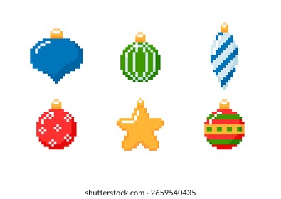 Set of pixel hanging toys, different shapes and colors, 8 bit, ball, star, pine cone. Christmas tree decoration. Game interface. Retro style. Vector flat illustration. Isolated background.