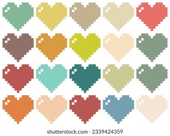 Set of pixel heart icon in shabby chic color. Retro vintage pixel heart design for background.