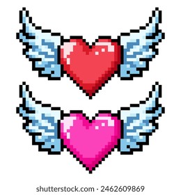 Set pixel heart icon with wings. Arcade game icon. 8 bit sign. Abstract red and pink heart.	