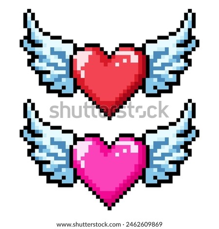 Set pixel heart icon with wings. Arcade game icon. 8 bit sign. Abstract red and pink heart.	