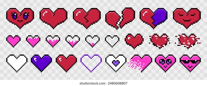 Set of pixel heart shape isolated on transparent background. Retro game stickers, pixelated red symbols of life or love icons in 8bit retro style. Red, pink and blue full and broken romantic elements.
