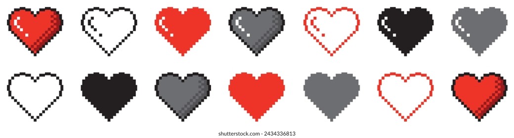Set of pixel heart vector icons. Pixel symbol collection, heart. Pixel art style 8-bit. Vector illustration.