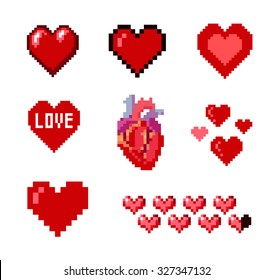 Set of pixel hearts