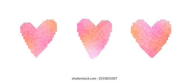 Set of Pixel hearts. Design element of trendy Y2K style with raster pixelation effect. Retro futuristic clipart figur for collage or retro design, 8 bit. Vector illustration.