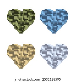 Set von Pixelherzen in verschiedenen Farben der militärischen khaki. Töne der Tarnung: Khaki, Sand, Braun, Olive, Grau, Sand, Blau, Meer, Wald, Gras, Wüste, Beige