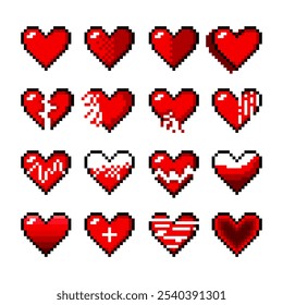 Set of pixel hearts. Icons of romance and friendship. Retro 8 bit abstract love symbols. A broken heart. Vector illustration