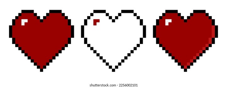 Set of pixel hearts ison in retro style. Vintage symbol of love