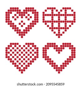 Set of pixel hearts - retro style. Vintage love symbol, mosaic illustration. Vector design element.