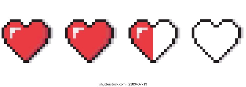 Set of pixel hearts with video games isolated on white background. 8 bit style. vector illustration