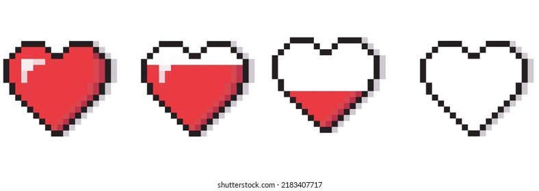 Set of pixel hearts with video games isolated on white background. 8 bit style. vector illustration