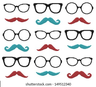 Set of pixel hipster glasses and mustache. Vector illustration.