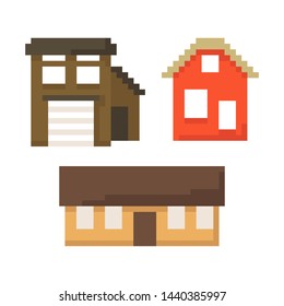 Set of pixel houses isolated on white background. Village. Graphics for games. 8 bit. Vector illustration in pixel art style.