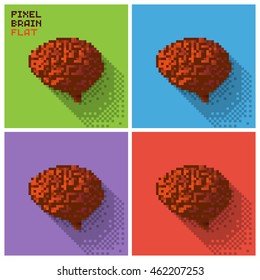 Set of pixel human brain in a flat design, pixelated illustration. - Stock vector