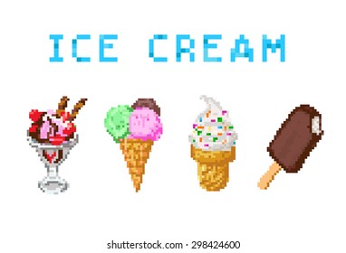 Set of pixel ice cream in different shapes and colors