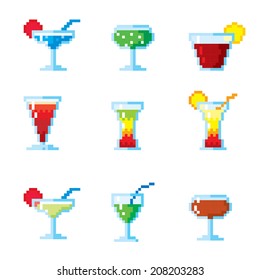 Set of pixel icons. Cocktails and drinks.