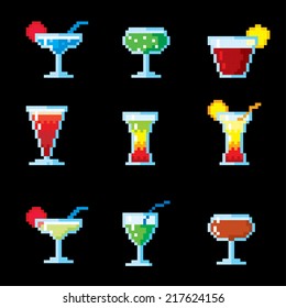 Set of pixel icons. Cocktails and drinks.