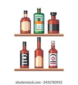 Set of pixel icons depicting a bottle of whiskey with alcohol and a shot glass on a shelf, an isolated vector illustration. Design for sticker, store logo, mobile application. 8-bit sprites have appea