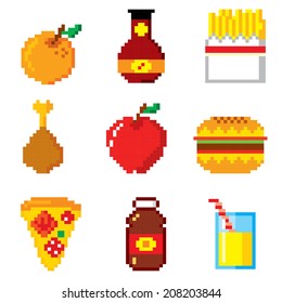 Set of pixel icons. Fast food.