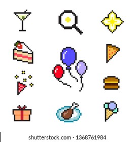 Set of pixel icons - Food and celebration.(Martini glass, pan with fried egg, star, cake, balloons, pizza, party popper, burger, gift, chicken leg, ice cream)