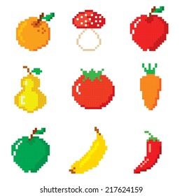 Set of pixel icons. Fruits and Vegetables.