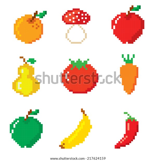Set of pixel
icons. Fruits and
Vegetables.