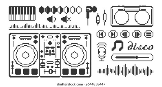 Conjunto de ícones de pixel de botões do media player, microfone, nota de música, volume de som do equalizador, onda de som. Elementos musicais abstratos de 8 bits. Formas abstratas do jogo na arte dos pixels.