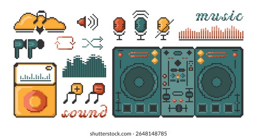 Set of pixel icons of media player, equalizer sound volume, sound wave. 8 bit abstract music elements. Pixel vibrant sound icons set.