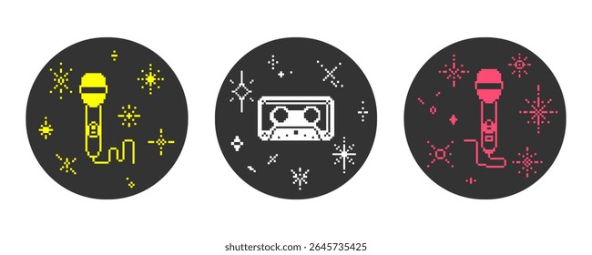 Set of pixel icons of microphone, cassette and sparkles. 8 bit abstract shapes in pixel art. Scattered pixel glitter stars. Retro Y2K shapes with festive cosmic light.