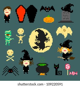 Set of pixel icons on halloween theme, vector