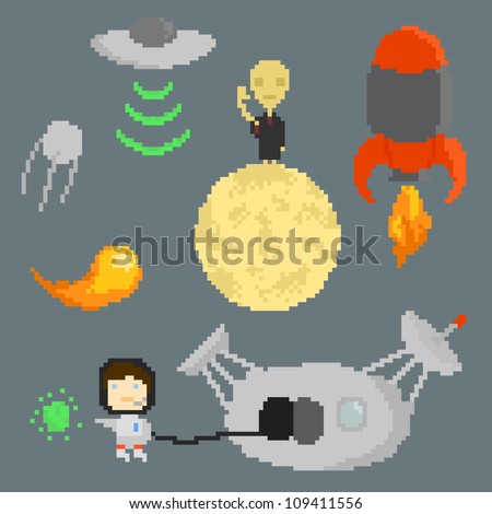Set of pixel icons on the space theme, vector