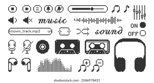 Set of pixel icons of radio, media player buttons, microphone, music note, equalizer sound volume, media, sound wave. 8 bit abstract music elements. Game abstract elements in pixel art.