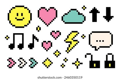 Set of pixel icons. Smile, heart, star, sparkle, cloud, arrow, speech bubble in the mood of 90s aesthetics. Vector 8-bit retro style illustration. Video game style