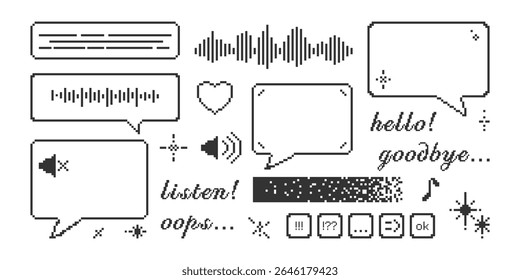 Set of pixel icons of speech bubbles, music note, equalizer sound volume, dialogue box, heart, sparkles. 8 bit abstract elements. Retro shapes in pixel art.