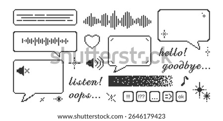 Set of pixel icons of speech bubbles, music note, equalizer sound volume, dialogue box, heart, sparkles. 8 bit abstract elements. Retro shapes in pixel art.
