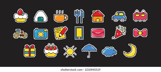 Un conjunto de iconos de píxeles. ilustración vectorial de un elemento pixelado. Gráfico web de juegos retro, símbolo de diseño informático color fácil de editar.