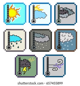Set of pixel icons, weather forecast. Vector illustration.