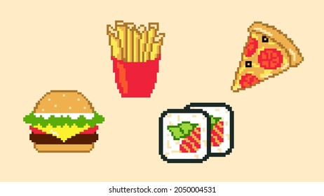 Set of Pixel Illustrations. Fast Food Collection. Retro Symbols. Burger, French Fries, Sushi Rolls, Pizza. Menu, Cafe, Delivery