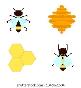 Set of pixel images bee, hive, honeycomb , 8 bit isolated