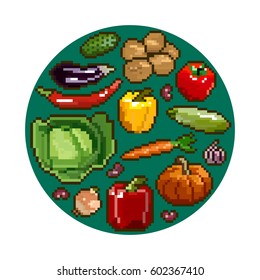 Set of pixel images of vegetables on green background in a circle.