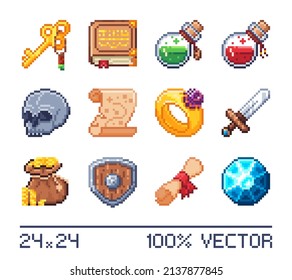 A set of pixel items for RPG, Sandbox, or other games. Isolated icons in 24x24 scale.