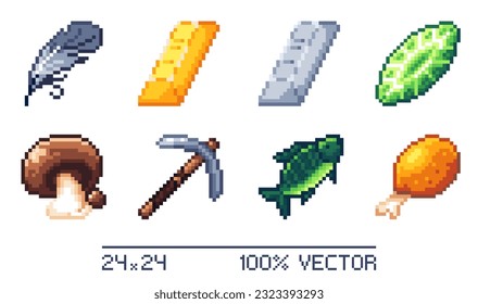 A set of pixel items for RPG, Sandbox, or other games. Isolated icons in 24x24 scale.