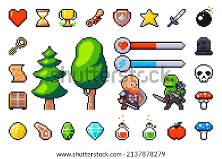 A set of pixel items for RPG, Sandbox, or other 2d video games. Isolated icons in 16x16 scale, characters are 32 pixels high and trees up to 64 pixels.