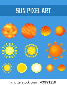 Set of pixel kinds of sun on blue background. Old school computer graphic style.